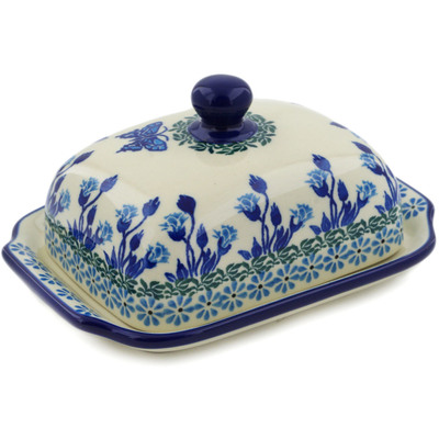 Polish Pottery Butter Dish 7&quot; Blue Butterfly