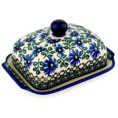 Polish Pottery Butter Dish 7&quot; Blue Chicory