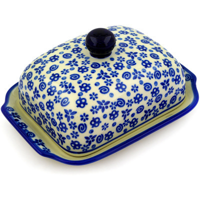 Polish Pottery Butter Dish 7&quot; Blue Confetti