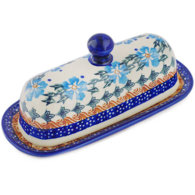 Polish Pottery Butter Dish 7&quot; Blue Cornflower