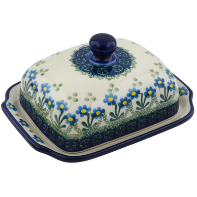 Polish Pottery Butter Dish 7&quot; Blue Daisy Circle