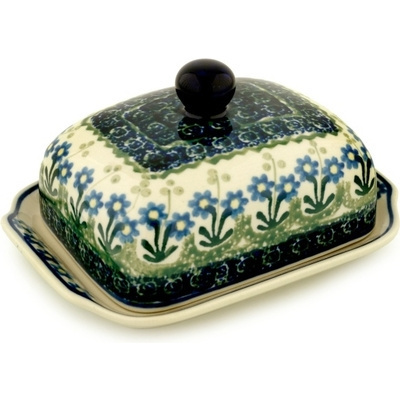 Polish Pottery Butter Dish 7&quot; Blue Daisy Circle