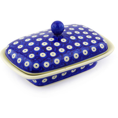 Polish Pottery Butter Dish 7&quot; Blue Eyed Peacock