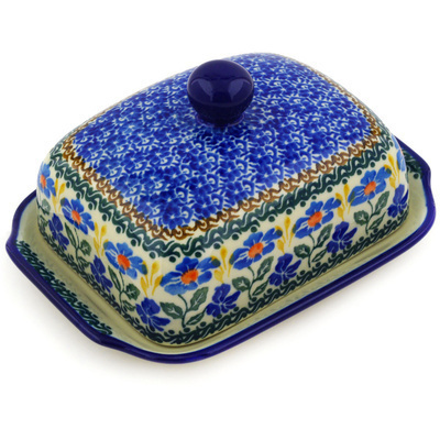 Polish Pottery Butter Dish 7&quot; Blue Forget-me-nots