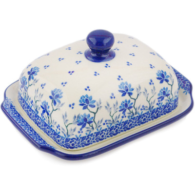 Polish Pottery Butter Dish 7&quot; Blue Grapevine