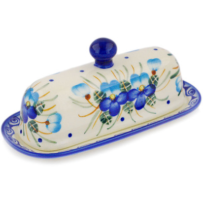 Polish Pottery Butter Dish 7&quot; Blue Pansy