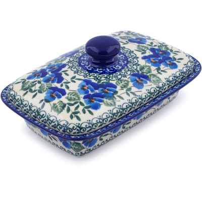 Polish Pottery Butter Dish 7&quot; Blue Pansy