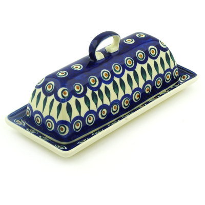 Polish Pottery Butter Dish 7&quot; Blue Peacock