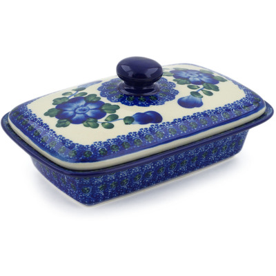Polish Pottery Butter Dish 7&quot; Blue Poppies