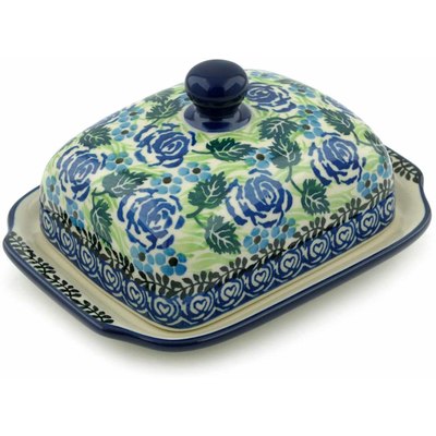 Polish Pottery Butter Dish 7&quot; Blue Rose Garden