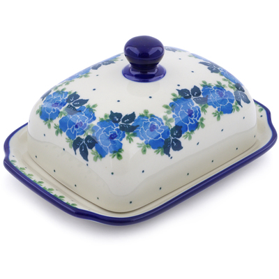 Polish Pottery Butter Dish 7&quot; Blue Rose