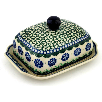 Polish Pottery Butter Dish 7&quot; Blue Rose Patch