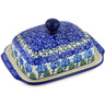 Polish Pottery Butter Dish 7&quot; Blue Rosette Wreath