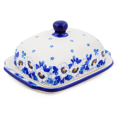 Polish Pottery Butter Dish 7&quot; Blue Spring