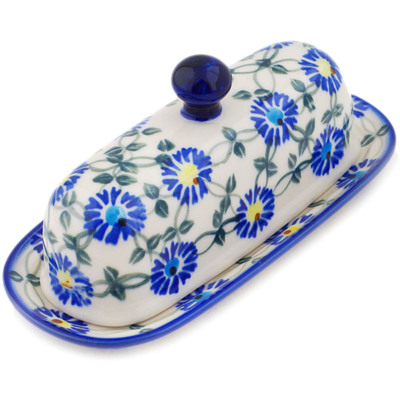 Polish Pottery Butter Dish 7&quot; Blue Thistle Beauty