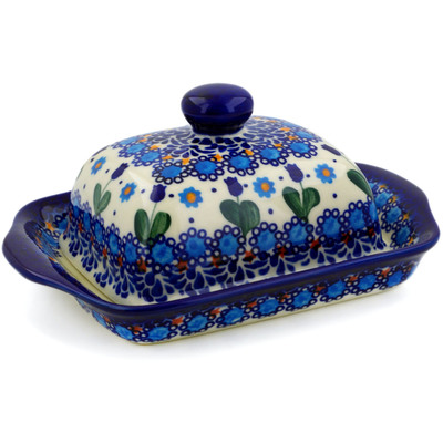 Polish Pottery Butter Dish 7&quot; Blue Tulip Garden UNIKAT