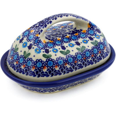 Polish Pottery Butter Dish 7&quot; Blue Tulip Garden UNIKAT