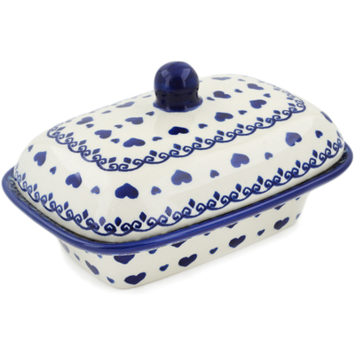 Polish Pottery Butter Dish 7&quot; Blue Valentine Hearts