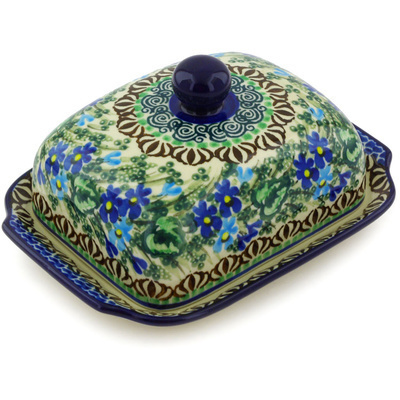 Polish Pottery Butter Dish 7&quot; Blue Violet Garden UNIKAT