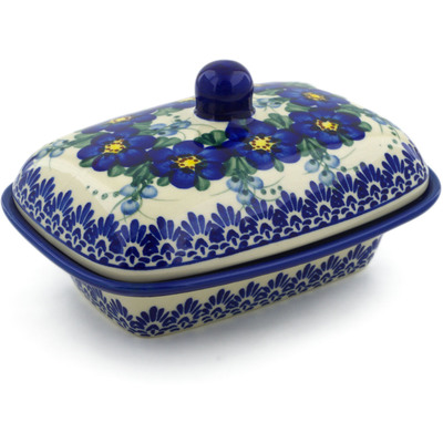 Polish Pottery Butter Dish 7&quot; Blue Wildflower UNIKAT