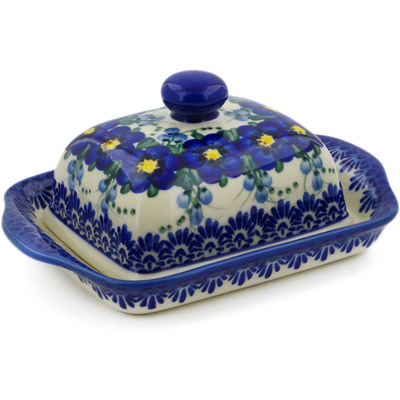 Polish Pottery Butter Dish 7&quot; Blue Wildflower UNIKAT