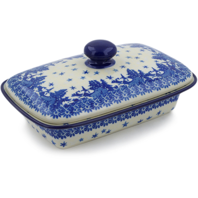 Polish Pottery Butter Dish 7&quot; Blue Winter