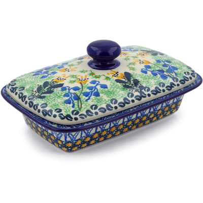 Polish Pottery Butter Dish 7&quot; Bluebells And Irises UNIKAT