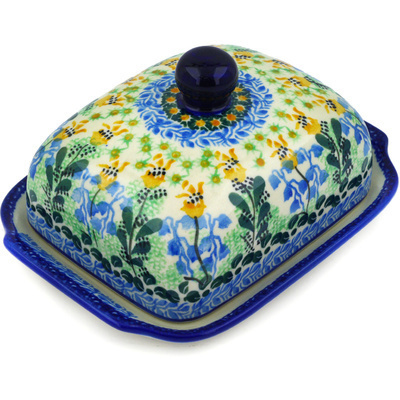 Polish Pottery Butter Dish 7&quot; Bluebells And Irises UNIKAT