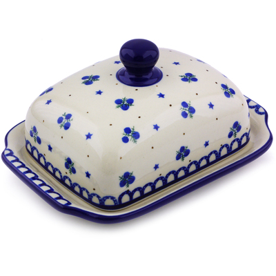 Polish Pottery Butter Dish 7&quot; Blueberry Stars