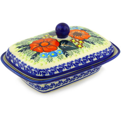 Polish Pottery Butter Dish 7&quot; Bold Red Poppies UNIKAT