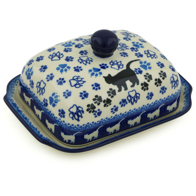 Polish Pottery Butter Dish 7&quot; Boo Boo Kitty Paws