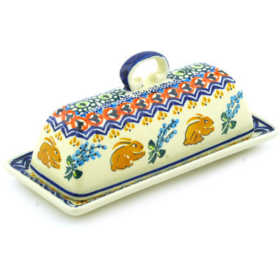 Polish Pottery Butter Dish 7&quot; Bunny Trail