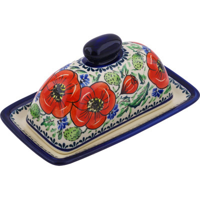 Polish Pottery Butter Dish 7&quot; Bursts Of Red UNIKAT