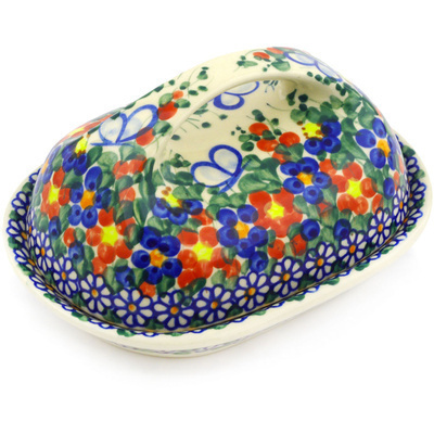 Polish Pottery Butter Dish 7&quot; Butterfly Garden UNIKAT