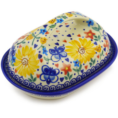 Polish Pottery Butter Dish 7&quot; Butterfly Sunshine UNIKAT