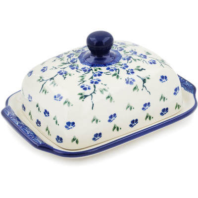 Polish Pottery Butter Dish 7&quot; Cascading Blue Blossoms