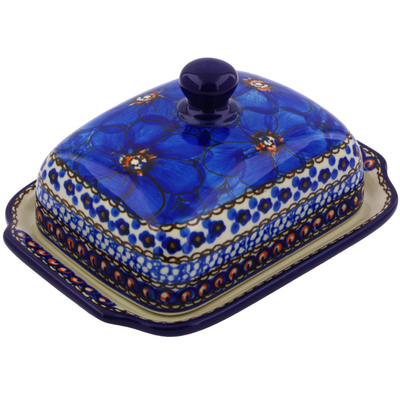 Polish Pottery Butter Dish 7&quot; Cobalt Poppies UNIKAT