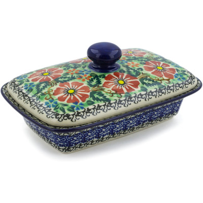 Polish Pottery Butter Dish 7&quot; Cosmos Garden UNIKAT