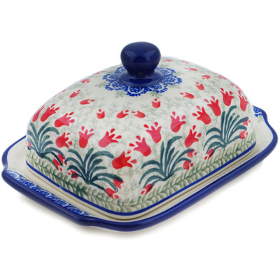 Polish Pottery Butter Dish 7&quot; Crimson Bells