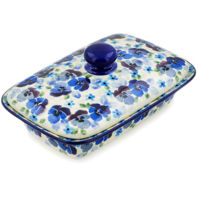 Polish Pottery Butter Dish 7&quot; Deep Sea Pansy UNIKAT