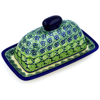 Polish Pottery Butter Dish 7&quot; Emerald Forest