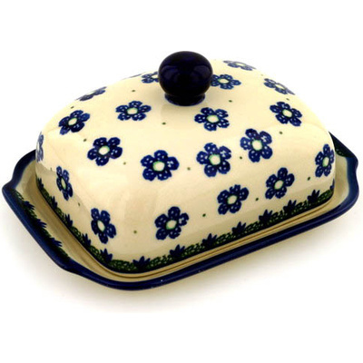 Polish Pottery Butter Dish 7&quot; Falling Daisies