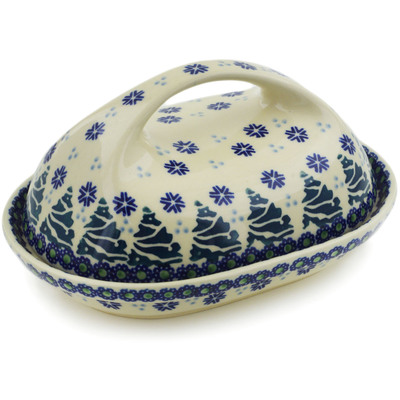 Polish Pottery Butter Dish 7&quot; Falling Snowflakes
