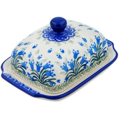 Polish Pottery Butter Dish 7&quot; Feathery Bluebells