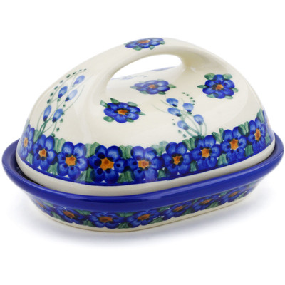 Polish Pottery Butter Dish 7&quot; Field Of Blue UNIKAT