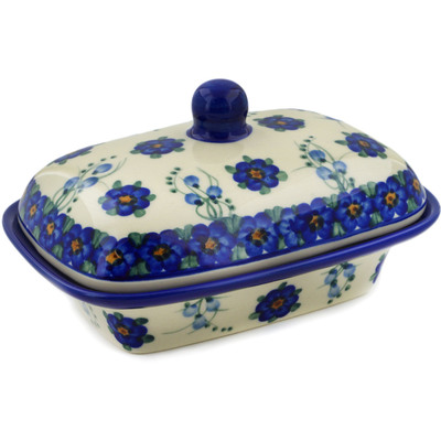 Polish Pottery Butter Dish 7&quot; Field Of Blue UNIKAT