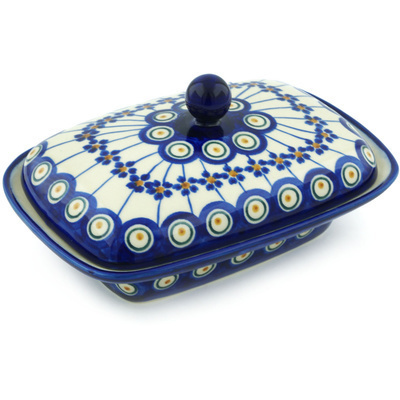 Polish Pottery Butter Dish 7&quot; Floral Peacock