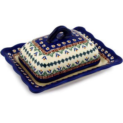 Polish Pottery Butter Dish 7&quot; Floral Peacock UNIKAT