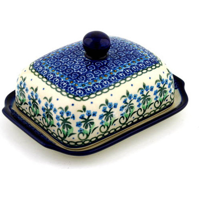 Polish Pottery Butter Dish 7&quot; Forget Me Not Circle UNIKAT