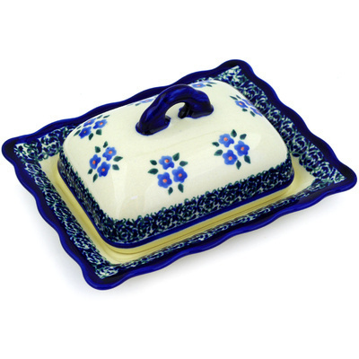 Polish Pottery Butter Dish 7&quot; Forget Me Not Dots